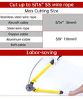 Heavy Duty 18 Inch Hardened Cable Cutter With Chromium Vanadium Steel Blades, Precision Heat Treated, Cuts Up To 5/16 Inch Stainless Steel Wire Rope, Smooth Cutting Action, Includes 10 Ferrules CR03 for Quick, Clean Joints being used to cut wire; table showing cutting sizes and labor-saving benefits.