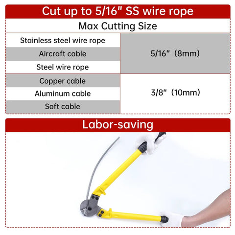 Heavy Duty 18 Inch Hardened Cable Cutter With Chromium Vanadium Steel Blades, Precision Heat Treated, Cuts Up To 5/16 Inch Stainless Steel Wire Rope, Smooth Cutting Action, Includes 10 Ferrules CR03 for Quick, Clean Joints being used to cut wire; table showing cutting sizes and labor-saving benefits.