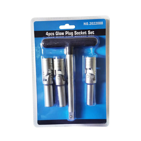 4 Piece Glow Plug Socket Set With Three Eighths Inch Drive T Bar For Quick No Hassle Removal Of Broken Glow Plugs Includes 8mm 10mm 12mm Sockets With Universal Joint Ideal Automotive Glow Plug Replacement Tool in packaging