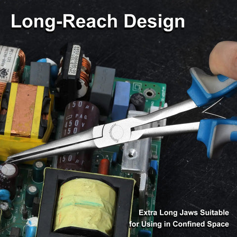 Long Reach Needle Nose Pliers Seven Inches Slim Extra Long Nose Pliers for electronics with smooth jaws and anti-slip grip.