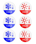 6 Pack Hella Durable Hot And Cold Water Faucet Labels Self Adhesive Waterproof Sink Temperature Stickers Bathroom Tap Bumpers Slick Matte Decals For Home Kitchen Office Safety, featuring 3 blue cold and 3 red hot stickers.