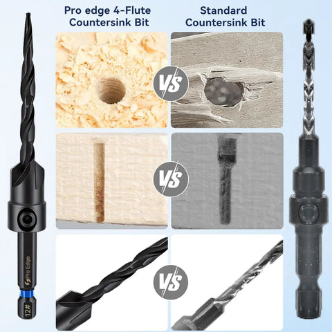 Comparison of Pro Edge 4-Flute vs Standard Countersink Bit from the Boss Quality 17 Piece Countersink Drill Bit Set.