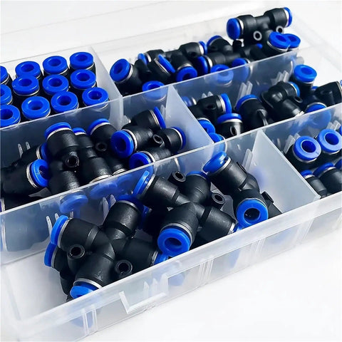 Huge 51 Piece Pneumatic Connector Kit With Quick Push Fit Fittings For 6mm OD Tubing That Lets You Connect Instantly No Tools Needed And Ensure Sealing Is Tight For All Your Air Line Projects, assorted fittings in organizer