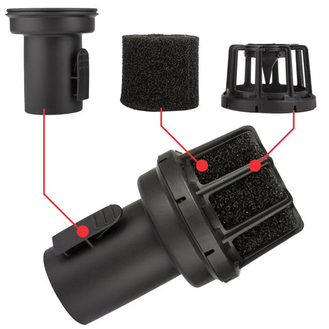 Two And A Half Inch Muffler Diffuser Replacement For Wet Dry Vacuums Keeps It Quiet Reduces Noise And Backflow Fits Craftsman And Ridgid Shop Vac Models CMXZVBE38660 Universal Fit For Most Vacuums shown with parts and assembly details.