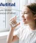 Young girl drinking water by window, symbolizing pure water; Six Pack Water Filter Cartridges Compatible With Brita Pitchers, BPA Free.