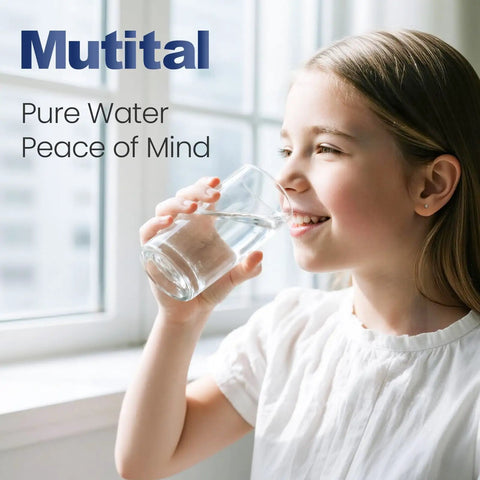 Young girl drinking water by window, symbolizing pure water; Six Pack Water Filter Cartridges Compatible With Brita Pitchers, BPA Free.