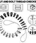 Nut And Bolt Thread Checker Kit With 28 Gauges 15 SAE Inch And 13 Metric Thread Gauges For Quick Identification And Verification Of Nuts Bolts And Screws Pro Level Hand Tool in stainless steel, shown in spiral layout with measurement icons.