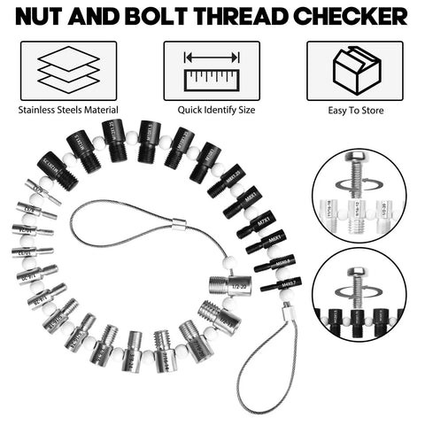 Nut And Bolt Thread Checker Kit With 28 Gauges 15 SAE Inch And 13 Metric Thread Gauges For Quick Identification And Verification Of Nuts Bolts And Screws Pro Level Hand Tool in stainless steel, shown in spiral layout with measurement icons.