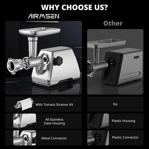 Heavy Duty Electric Meat Grinder With Strainer And Tomato Sauce Press Maker displaying stainless steel housing and attachments.