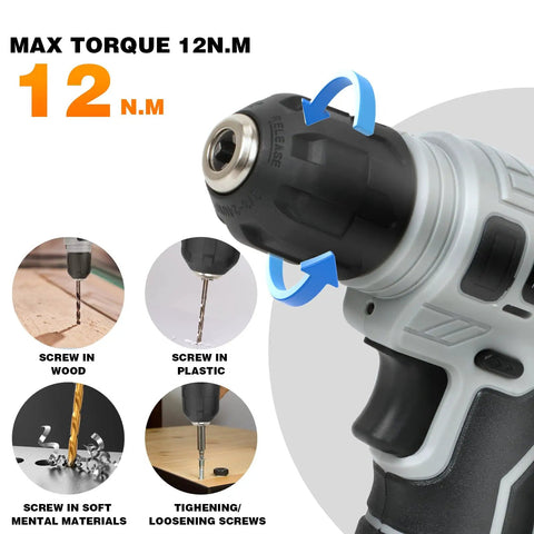 Close-up of cordless drill with torque settings, part of Upgradd 180 Piece Tool Set With 8V Cordless Drill Lightweight Home Repair Kit.