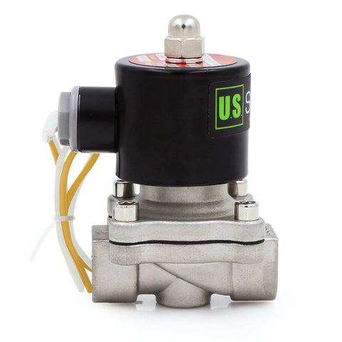 Solenoid valve, 1/2-inch stainless steel body with black coil, 110VAC normally closed for air and water - US brand, side view