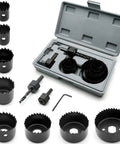 11 Piece Hole Saw Kit With Mandrel And Hex Key, featuring multiple sizes of round hole drill bit set in a portable box