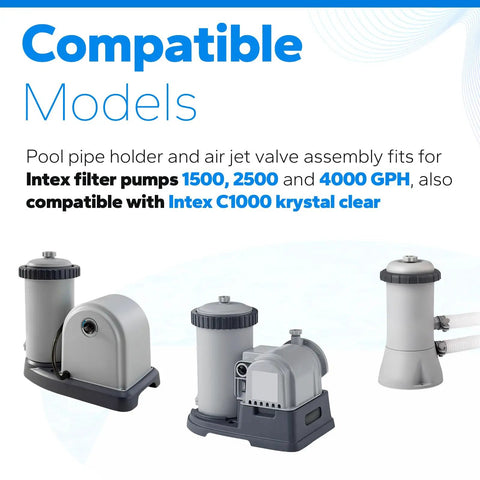 Pool Pipe Holder With Air Jet Valve Kit For Above Ground Pools, shown with compatible pump models