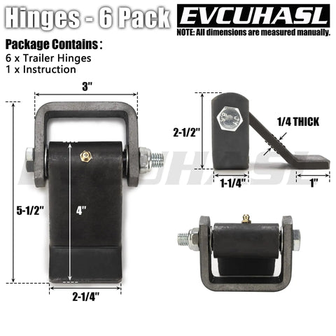 Rock Solid Heavy Duty Weld On Trailer Hinges 6 pack, cast iron, 240 degree swing, 1/4 inch thick, suitable for trucks and trailers.