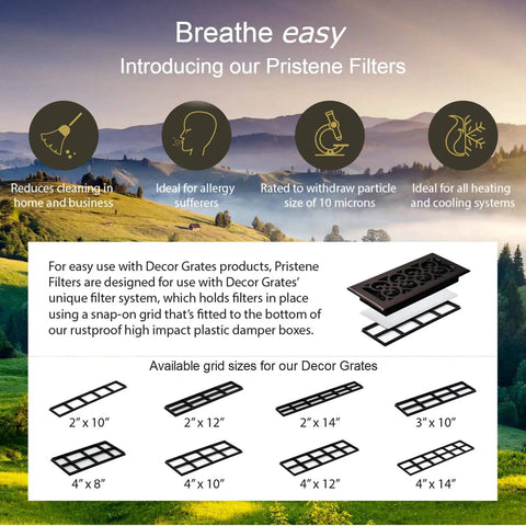 Presentation of Pristene Filters with grid sizes, including 4 Pack Black Air Filter Retainers For Floor Registers 4 Inch By 10 Inch.