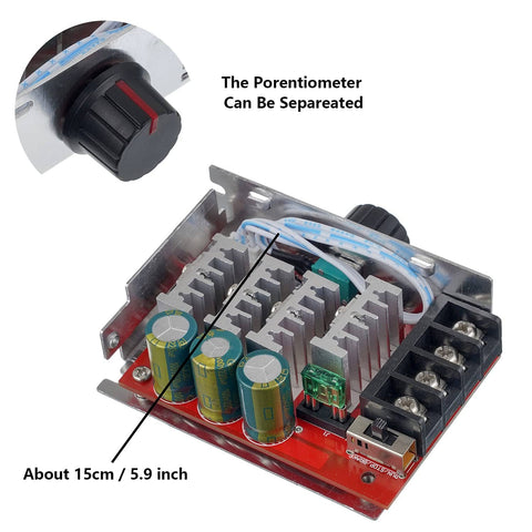 Top view of 7 to 70V PWM DC Motor Speed Controller 30A with onboard stop and brake switch, featuring adjustable potentiometer.