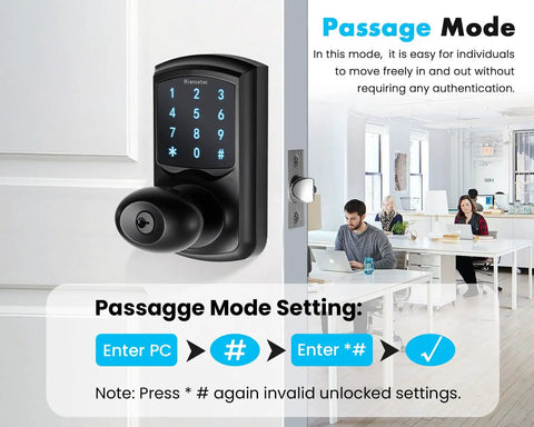 Keypad Door Knob With Passage Mode Keyless Entry Smart Door Lock With Big Backlit Panel in modern office setting.