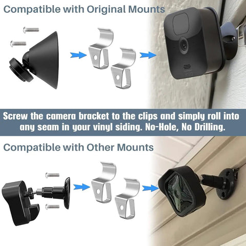 Heavy Duty Vinyl Siding Hooks And Clamps 10 Pack No Hassle Camera Mount for Blink Arlo Ring, showing installation process with clips.