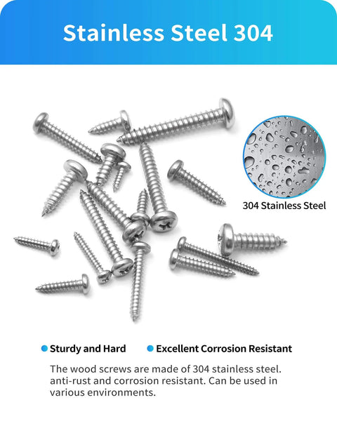 Bulk Stainless Steel Wood Screws Set, 550 Piece Assortment with Phillips Pan Head Self Tapping Screws shown on white background.