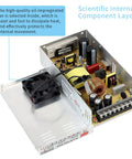Interior view of 12V 30A 360W Universal Power Supply Adapter For CCTV Cams, PC Builds, And LED Strip Lights, showing components and fan.