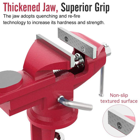 Beefy Universal Table Vise 3 Inch Jaw Opening With 360 Degree Swivel Base Bench Clamp For Woodworking And Metalworking, Thickened 0.2 Inch Jaw For Grip That Won't Budge, Fits Most Workbenches. Thickened steel vise jaw with textured grip surface