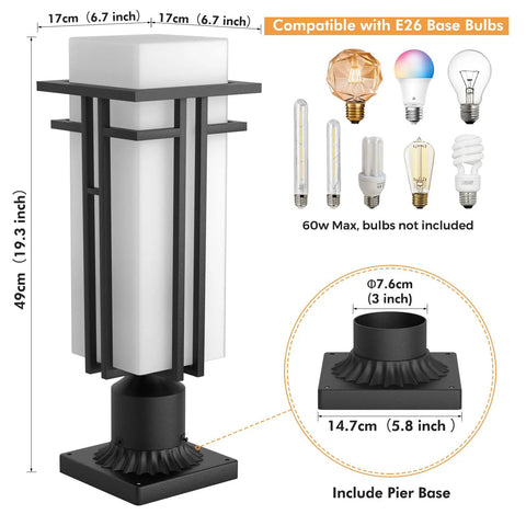 Heavy Duty Aluminum Outdoor Post Light With Frosted Glass Shade, Built To Last, Weatherproof And Rust Resistant Lamp Post For Porch And Garden, 3 Inch Pier Mount Base, 19.3 Inch Tall One Piece Outdoor Lighting Fixture with E26 base compatibility