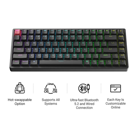 Top Shelf 75 Percent Wireless Mechanical Keyboard Featuring Backlit Double Shot PBT Keycaps And Bluetooth 5 2 Compatibility For Smooth Super Red Linear Switch Typing That Goes Hard with RGB backlighting and ten keyless layout.
