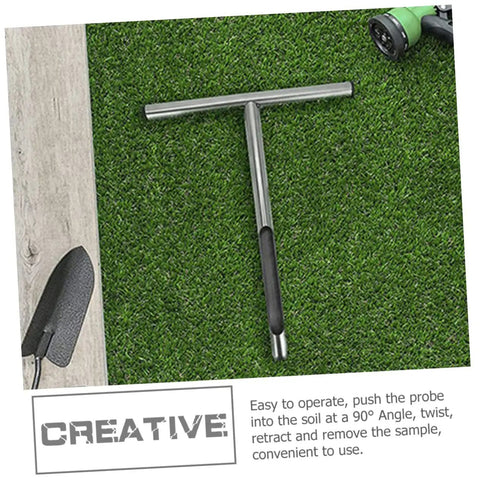 Ergonomic Stainless Steel Soil Probe Sampler for Garden and Lawn Care shown on grass with gardening tools nearby.
