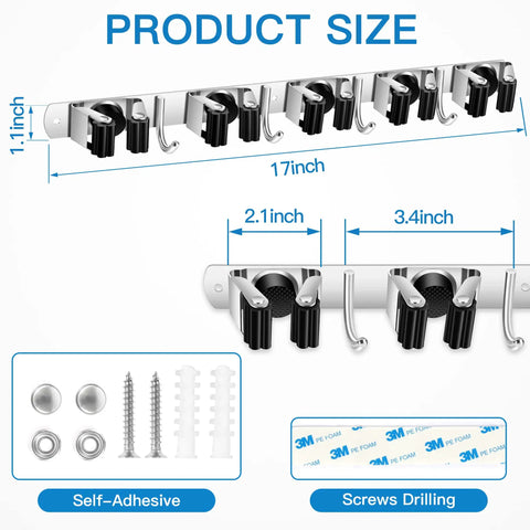 Broom And Mop Holder Wall Mount With Five Slots And Four Hooks Self Adhesive Stainless Steel Organizer dimensions diagram