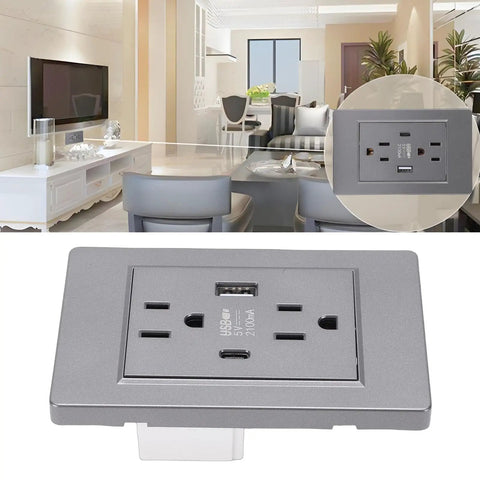 Top Tier 15 Amp Decorator Wall Outlet With Included Wall Plate And Efficient USB Type C Charging in sleek gray finish.