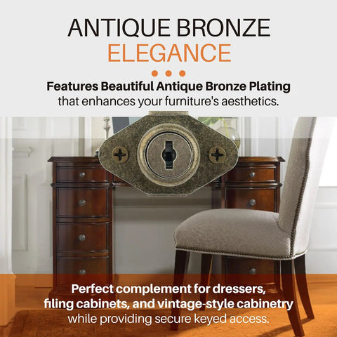 Heavy Duty Desk Drawer Lock With Key Keeps Filing Cabinets Locked Up Tight Using Top Shelf Zinc Alloy Antique Bronze Hardware close-up