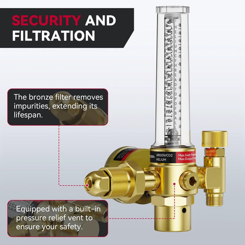Front view of ARCCAPTAIN brass welding gas regulator with vertical flowmeter and 8.2 ft inert gas hose (0–4000 PSI).