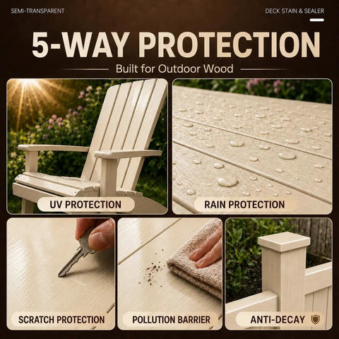 Hella Tough Heavy Duty Outdoor Wood Stain And Sealer Combo For Deck Fence And Patio Furniture Water Based Fast Dry Low Odor Semi Transparent Antique Brown 32 Oz Can With Premium Ultraviolet Formula showing 5-way protection details.