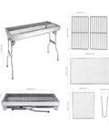 Portable Stainless Steel Charcoal Grill Folding Outdoor Barbecue Kit dimensions and components display