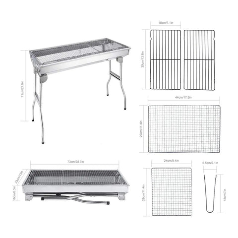 Portable Stainless Steel Charcoal Grill Folding Outdoor Barbecue Kit dimensions and components display