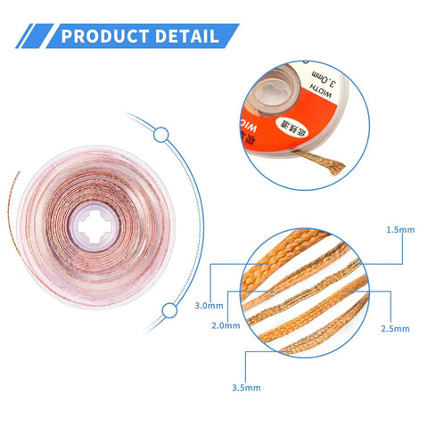 10 Pack Pro Grade No Clean Solder Wick Desoldering Braid With Flux For PCB Repairs, braided copper detail and spool shown