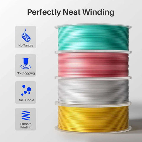 Silk Copper PLA Filament 1.75mm, 1kg Spool For 3D Printers in multiple colors, highlights perfectly neat winding and smooth printing.