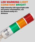 LED Warning Light Tower with Buzzer for CNC Machines and Tooling, red orange green indicator alarm stack, clear bright lights.