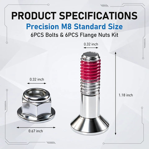 Six Piece Dirt Bike Sprocket Bolt And Nut Kit With M8 Bolts And Flange Locking Nuts For Rustproof Break Resistant Fasteners Compatible With Yamaha Suzuki KX KXF RM RMZ YZ YZF CR CRF BMW Aprilia Silver M8 bolt and flange nut dimensions