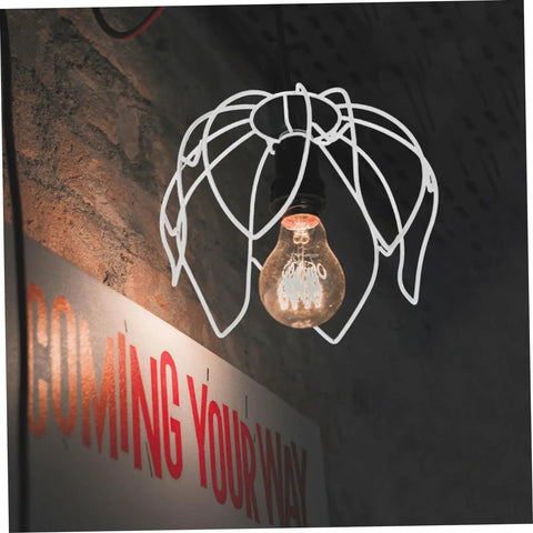 DIY Flower Wire Light Cage Frame For Pendant Lamps Built From Heavy Duty Iron, vintage style shade with glowing bulb.
