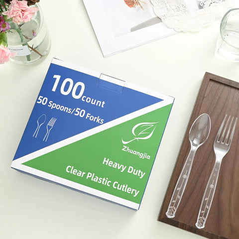Box and tray with Heavy Duty Disposable Plastic Cutlery Set 100 Count Forks And Spoons Shatterproof BPA Free Heat Resistant