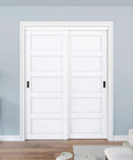 White Paintable MDF Double Five Panel Closet Sliding Doors With Hardware Kit, Pre Drilled Panels, 60 By 80 Inches installed front view