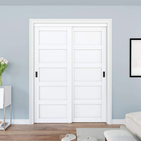 White Paintable MDF Double Five Panel Closet Sliding Doors With Hardware Kit, Pre Drilled Panels, 60 By 80 Inches installed front view