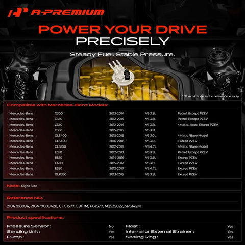 Premium Main Electric Fuel Pump Assembly Direct Fit For Mercedes Benz C300 C350 E350 E400 showing detailed specifications and connections.