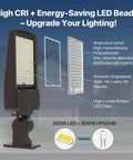 Side view of 200W Parking Lot Light With 30,000 Lumens UL Listed 5000K Daylight Glow Adjustable Wall Mount Dusk To Dawn 1-10V Dimmable Security Light For Yards Streets Courts Driveways Roads Stadiums.