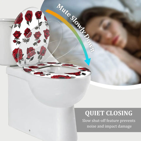 Toilet Seat Round Resin for Bathroom with red rose design, 14.5" x 16.5", features slow closing for quiet use.