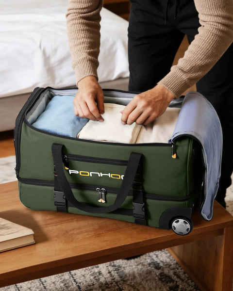 Ponhog green rolling duffle bag, 21-inch travel luggage, front view open to show clothing inside.