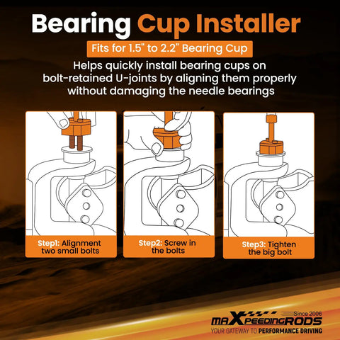 Diagram steps for using Bearing Cup Installer part of Beefed Up Heavy Duty Truck U Joint Puller Set and Bearing Cup Installer.
