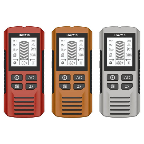 Multifunction Wall Scanners Studs Finders for Homes, Red visible alongside orange and gray models, featuring LCD screens and buttons.