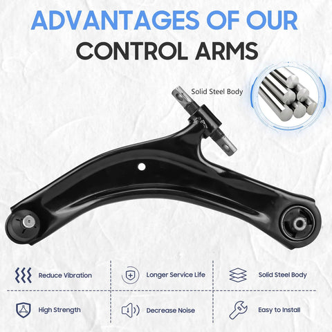 Heavy Duty Front Lower Control Arm With Ball Joint Suspension Kit Bolt On for Nissan Rogue 2.5L 2008 2009 2010 2011 2012 2013 And Rogue Select 2.5L 2014 2015 Two Piece, shown in solid steel material design.